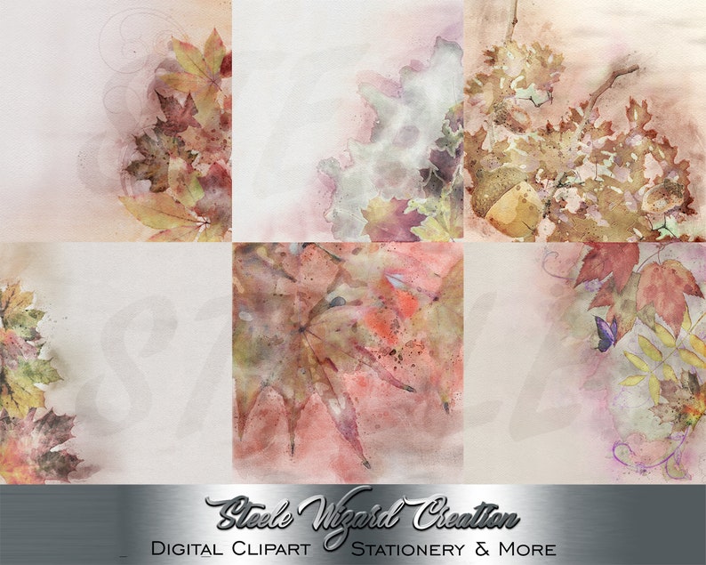 May include: A digital clipart collection featuring watercolor illustrations of autumn leaves in shades of red, orange, and yellow. The artwork includes a butterfly and a branch with an acorn. The text reads "Steele Wizard Creation, Digital Clipart, Stationery & More."
