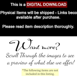 K&ouml;nnte beinhalten: Ein Hinweis auf einen digitalen Download mit dem Text "Dies ist ein DIGITALER DOWNLOAD. Es werden keine physischen Artikel versandt - Links werden nach dem Kauf verf&uuml;gbar. Bitte lesen Sie die Artikelbeschreibung sorgf&auml;ltig durch. M&ouml;chten Sie mehr? Scrollen Sie durch die Bilder, um eine Vorschau auf das zu sehen, was wir sonst noch anbieten! *Die folgenden Artikel sind nicht in diesem Angebot enthalten."