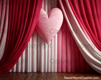 Telón de fondo digital, Fondo de San Valentín, Cortina de corazón de papel, Telón de fondo de escenario de cortinas, Fondo de baile, Fotografía de San Valentín, Descarga digital