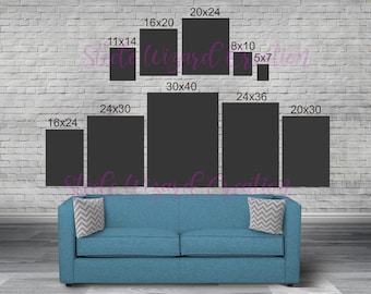 May include: A brick wall with a variety of black picture frames in different sizes, including 11x14, 16x20, 20x24, 24x30, 30x40, 24x36, 8x10, 5x7, 20x30, and 16x24 inches. The frames are arranged in a staggered pattern, with the largest frame in the center.