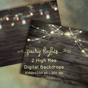 May include: Two digital backdrops with a rustic wood texture. One features hanging lanterns and the other fairy lights. The text "fairy lights" is in a decorative font, with details about the resolution and creator.