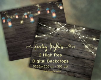 Rustic Wood Fairy Lights Digital backdrops, string lights Background, Barn Wood Digital Papers, Photography Background