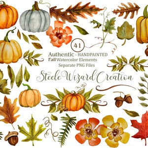 K&ouml;nnte beinhalten: Ein Set mit 41 handgemalten Aquarell-Herbst-Elementen, darunter K&uuml;rbisse, Bl&auml;tter, Eicheln und Blumen. Die Elemente sind perfekt zum Erstellen von Herbst-Bastelarbeiten, Karten und Dekorationen. Steele Wizard Creation.