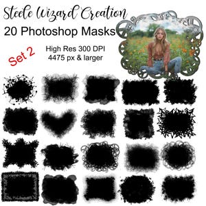 Puede incluir: Conjunto de 20 máscaras de Photoshop en blanco y negro. Las máscaras son de varias formas y tamaños, incluyendo círculos, cuadrados y formas abstractas. Las máscaras son de alta resolución y 300 DPI.