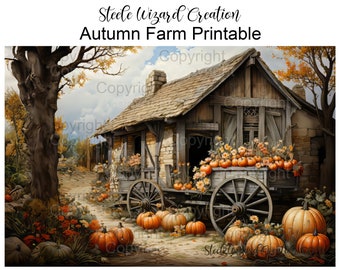 PRINTABLE Autumn Fall Scene Old Barn Wagon and Pumpkins Digital Download Farmhouse Autumn Wall Decor