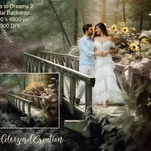 May include: A couple walk hand-in-hand across a wooden bridge in a forest setting. The bridge is surrounded by lush greenery and sunflowers. The image is a digital backdrop, 6000 x 4800 pixels, 300 DPI.