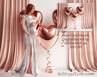 Fondo de telón de fondo digital, globos de corazones rosas de oro rosa, telón de fondo de escenario de cortina, fondo de estudio de San Valentín, corazones de aluminio, cortinas