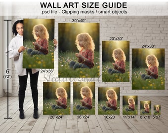 Guía de visualización de pared, maqueta de retrato, tabla de tamaños de arte fotográfico, capas inteligentes de máscara de recorte PSD, guía de tamaño de arte n.° 5