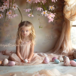 Spring Easter Egg Digital Background, Fine Art Portrait Photography Digital Backdrop, Window Corner Cross Flowers