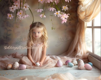 Fondo digital del huevo de Pascua de primavera, fotografía de retratos de bellas artes telón de fondo digital, flores cruzadas de la esquina de la ventana