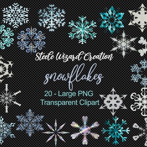 May include: Twenty large, transparent PNG clipart images of snowflakes in various styles and colors, including silver, blue, and teal. The text "Steele Wizard Creation snowflakes 20 - Large PNG Transparent Clipart" is at the bottom of the image.