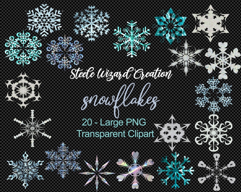 May include: Twenty large, transparent PNG clipart images of snowflakes in various styles and colors, including silver, blue, and teal. The text "Steele Wizard Creation snowflakes 20 - Large PNG Transparent Clipart" is at the bottom of the image.