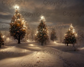 以下が含まれることがあります： 森の中に、光るクリスマスツリーがいくつかある雪景色。木々はキラキラ光る電飾で飾られ、曇り空にそびえ立っている。
