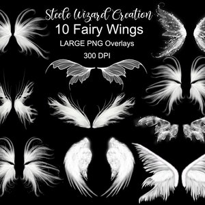 K&ouml;nnte beinhalten: Zehn wei&szlig;e Feenfl&uuml;gel in verschiedenen Stilen, darunter zarte, gefiederte und eckige Designs. Die Fl&uuml;gel sind auf schwarzem Hintergrund isoliert. Steele Wizard Creation 10 Fairy Wings LARGE PNG Overlays 300 DPI