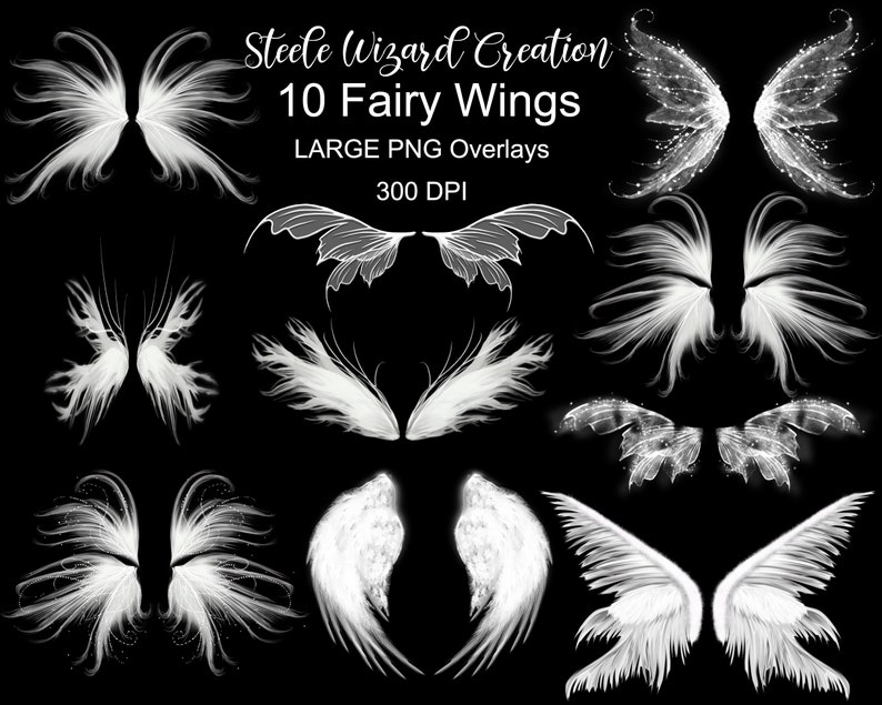 K&ouml;nnte beinhalten: Zehn wei&szlig;e Feenfl&uuml;gel in verschiedenen Stilen, darunter zarte, gefiederte und eckige Designs. Die Fl&uuml;gel sind auf schwarzem Hintergrund isoliert. Steele Wizard Creation 10 Fairy Wings LARGE PNG Overlays 300 DPI