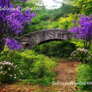 Spring Floral Backdrop, Bridge in Woods, Digital Background, Spring background, Fairy Tale Background, Digital Backdrop for Photography