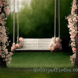 Swing Digital Backdrop, Spring Background, Garden Floral Composite, Nature Enchanted Summer Digital Photo High Resolution Digital Background