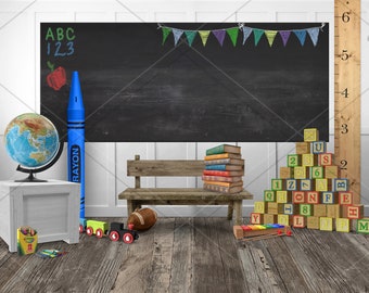 Chalkboard Digital Backdrop, Back to School Preschool Digital Background, Kindergarten Background, Photography Backdrop, Wood Blocks School