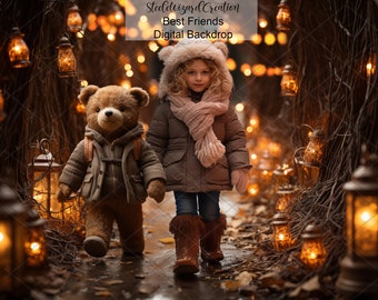 Telón de fondo digital, fondo de invierno lluvioso, fondo de oso de peluche de mejores amigos, fotografía de Navidad, linternas encantadas, descargar