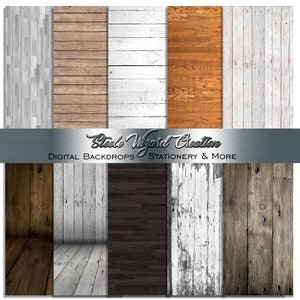 May include: Set of 8 digital wood grain textures in various colours and styles, including whitewashed, brown, and black.  These digital backgrounds are perfect for creating digital designs, scrapbooking, and more.  "Steele Wizard Creation" and "Digital Backdrops Stationery & More" are printed on a silver bar across the bottom of the image.
