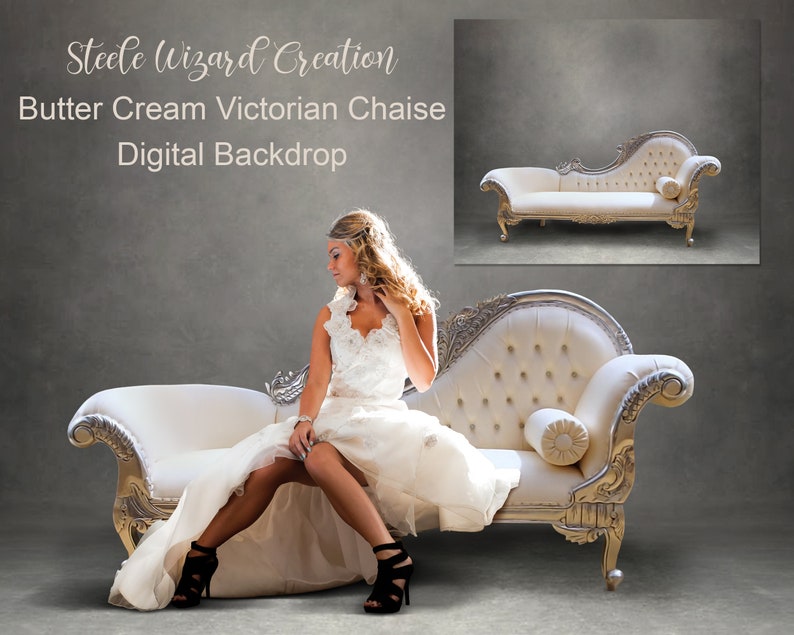 May include: A white Victorian chaise lounge with gold accents and a white cushion. A woman in a white dress is sitting on the chaise lounge.