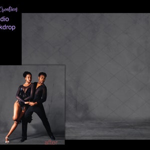 Könnte beinhalten: Zwei Personen in schwarzer Tanzkleidung posieren vor einem grauen Hintergrund mit einem Rautenmuster. Der Text "vorher" erscheint unter dem Bild links und "nachher" erscheint unter dem Bild rechts. Der Text "Gray Studio Digital Backdrop" erscheint oben im Bild.