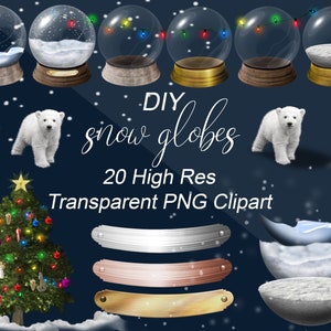 Christmas SnowGlobe Clipart, DIY Winter Snow Globe, Image in a Glass Ball, Photography Prop Digital Elements & Free Printable Christmas Card