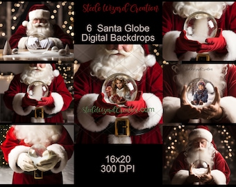 Paquete de fondo digital de Navidad, fondos digitales de Navidad, arte impreso imprimible de Santa Globe, descarga de retrato de Santa de Navidad navideña