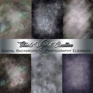 May include: A set of six digital backgrounds featuring a variety of abstract textures in shades of grey, black, and purple. The backgrounds are perfect for use in photography, graphic design, and other creative projects. Steele Wizard Creation Digital Backdrops Photography Elements