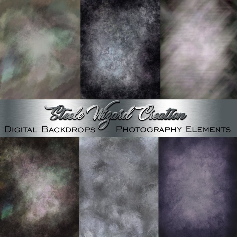 May include: A set of six digital backgrounds featuring a variety of abstract textures in shades of grey, black, and purple. The backgrounds are perfect for use in photography, graphic design, and other creative projects. Steele Wizard Creation Digital Backdrops Photography Elements