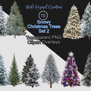 May include: Ten snowy Christmas trees with white snow and some with lights. The trees are on a transparent background. The text "10 Snowy Christmas Trees Set 2" and "Transparent PNG Clipart Overlays" is on the image.