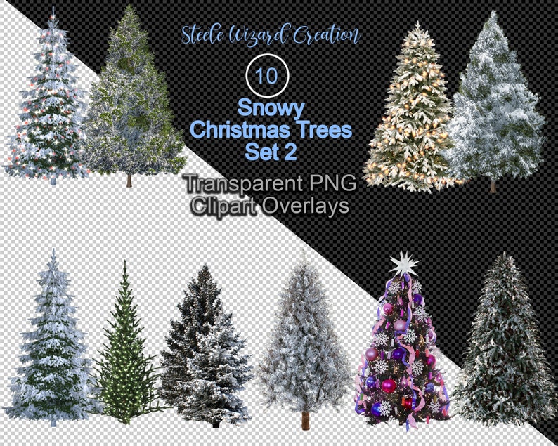May include: Ten snowy Christmas trees with white snow and some with lights. The trees are on a transparent background. The text "10 Snowy Christmas Trees Set 2" and "Transparent PNG Clipart Overlays" is on the image.