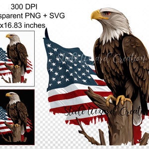 May include: A bald eagle perched on a branch with a tattered American flag behind it. The eagle is brown and white with a yellow beak and red eyes. The flag is red, white, and blue with white stars on a blue field.