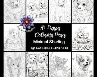 Conjunto de páginas para colorear, cachorro perro imprimible niños adultos páginas para colorear sombreado mínimo, cachorro floral imprimible, flores de perro para colorear, PDF, JPG