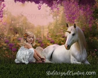 Unicorn Digital Background, Spring Backdrop, Floral Summer Digital Backdrop, Unicorn in Garden, Unicorn Laying Down, Grass Overlay, Fine Art
