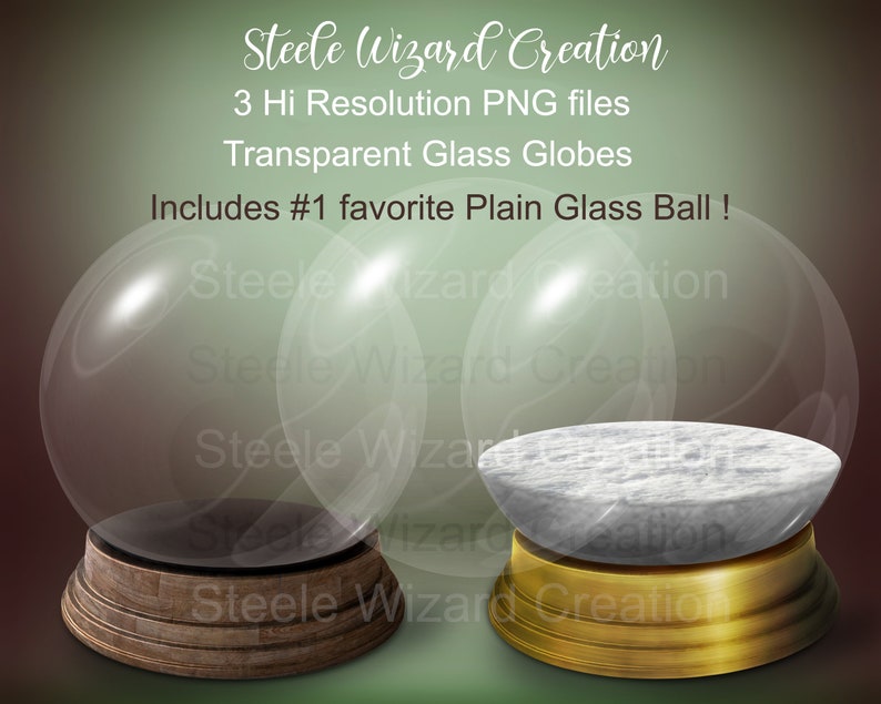 May include: Three glass snow globes with different bases. One globe has a wooden base, one has a marble base, and one has a gold base. The globes are transparent and appear to be empty. The image includes the text "Steele Wizard Creation" and "Includes #1 favorite Plain Glass Ball!"
