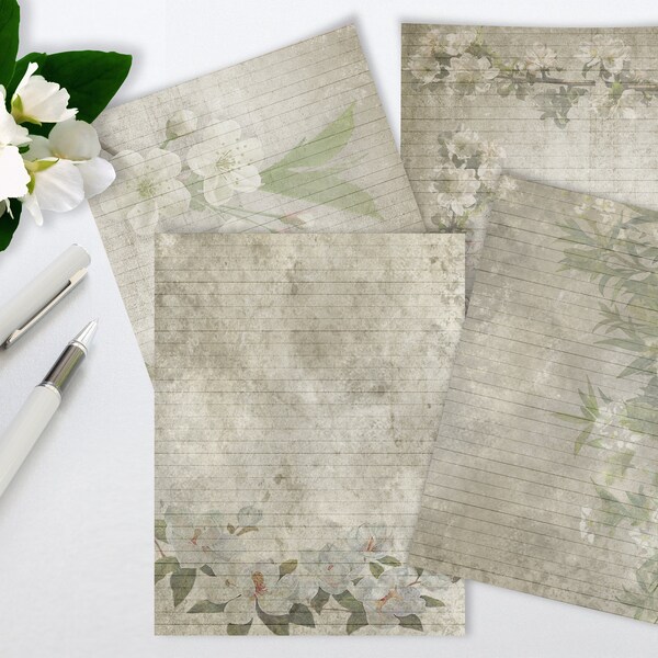 Printable Vintage style white flower Stationery Paper Digital Download Scrapbook