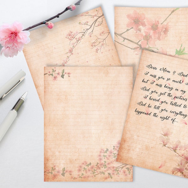 Printable Vintage Cherry Blossom Penpal Stationery Paper Digital Download Scrapbook Journal Planner