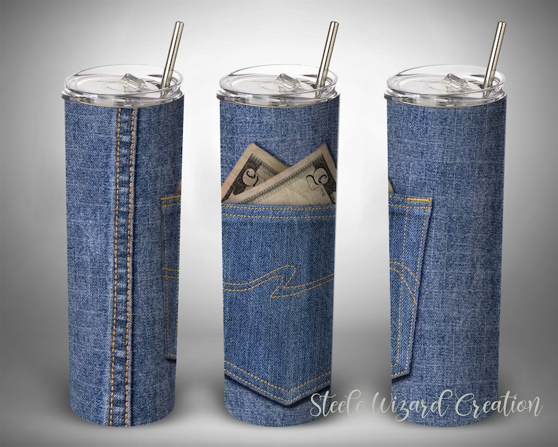 May include: Three stainless steel tumblers with a denim pattern and a pocket with money sticking out. The tumblers have lids and straws.