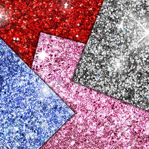 May include: Abstract design featuring overlapping geometric shapes with glitter textures. The colors include red, silver, pink, blue, and a darker pink. The glitter catches the light, creating a sparkling effect.