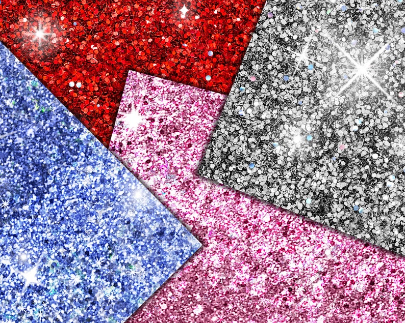 May include: Abstract design featuring overlapping geometric shapes with glitter textures. The colors include red, silver, pink, blue, and a darker pink. The glitter catches the light, creating a sparkling effect.