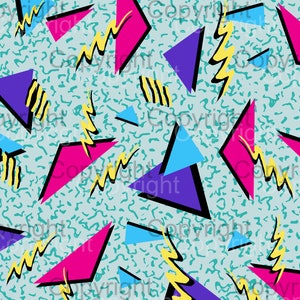 May include: A seamless pattern with a retro 90s aesthetic. The background is a light blue with a mottled texture. The pattern features pink, blue, and purple triangles, yellow lightning bolts, and black lines.
