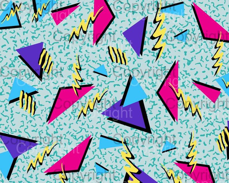 May include: A seamless pattern with a retro 90s aesthetic. The background is a light blue with a mottled texture. The pattern features pink, blue, and purple triangles, yellow lightning bolts, and black lines.