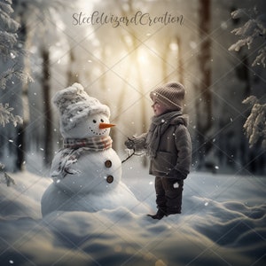 Christmas Digital Background, Winter Digital Scene Backdrop, Snowman Digital Photoshop Composite, Winter Backdrop, Snowy Background