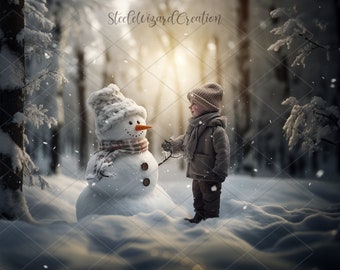 Fondo digital de Navidad, Telón de fondo de escena digital de invierno, Compuesto de Photoshop digital de muñeco de nieve, Telón de fondo de invierno, Fondo nevado