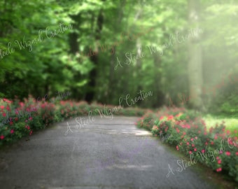 Digital bakgrund med blomsterstig, vårbakgrund, stigar, drömlik stig, digital sommarbakgrund, Photoshop, PSE - direkt nedladdning