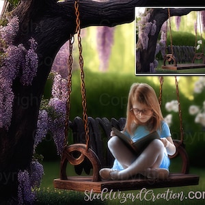 Puede incluir: Una niña pequeña está sentada en un columpio de madera leyendo un libro. El columpio está colgado de una rama de árbol cubierta de flores de glicinia moradas. El fondo es una imagen borrosa de un jardín con hierba verde y flores blancas.