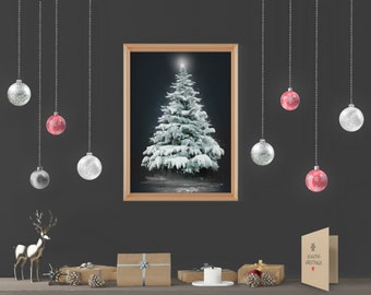Christmas Art Print, Printable Digital Snow Pine Tree, Holiday Digital Download Prints, Wall Art Poster, Christmas Tree Decor, Monochrome