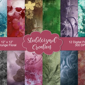 May include: A collection of 12 digital papers with a grunge floral theme. Each 12 x 12 inch paper features a unique design with floral and vine elements in various colors, including teal, red, and green. The papers are 300 DPI.
