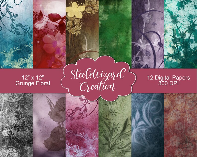 May include: A collection of 12 digital papers with a grunge floral theme. Each 12 x 12 inch paper features a unique design with floral and vine elements in various colors, including teal, red, and green. The papers are 300 DPI.